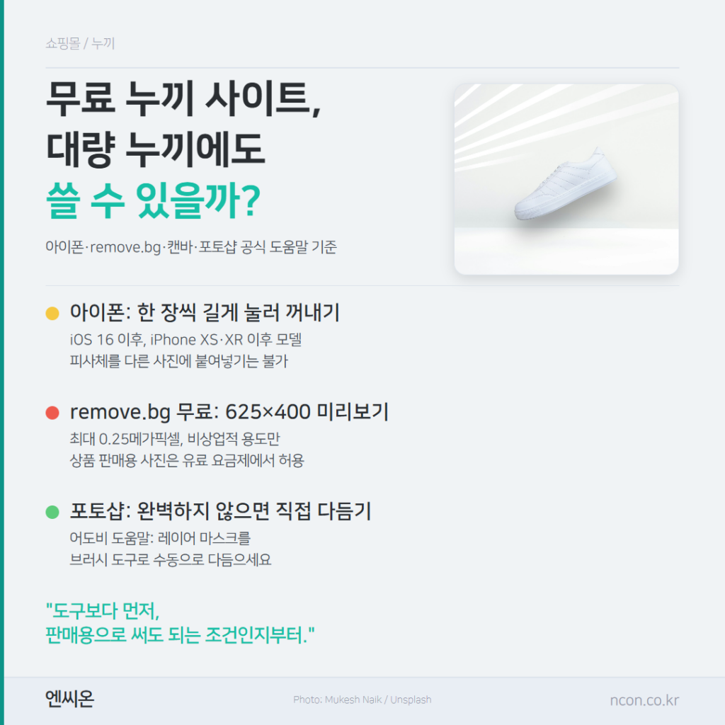 무료 누끼 사이트, 대량 누끼에도 쓸 수 있을까: 아이폰·remove.bg·포토샵 공식 도움말 기준 요약